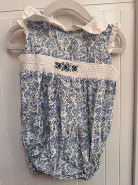 Floral Smocked Baby One-Piece Bodysuit in Blue and White